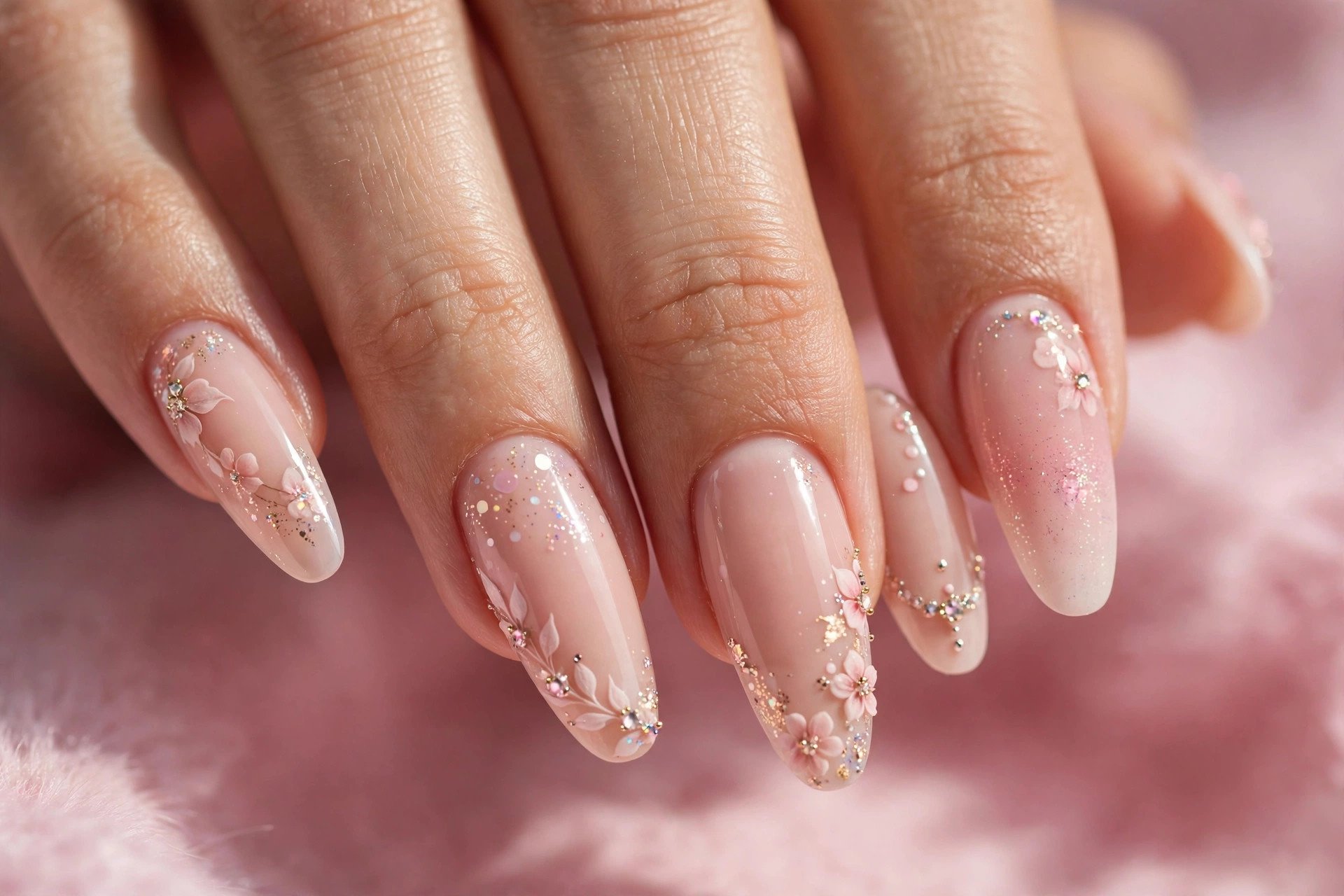 Almond nails with pink floral nail art