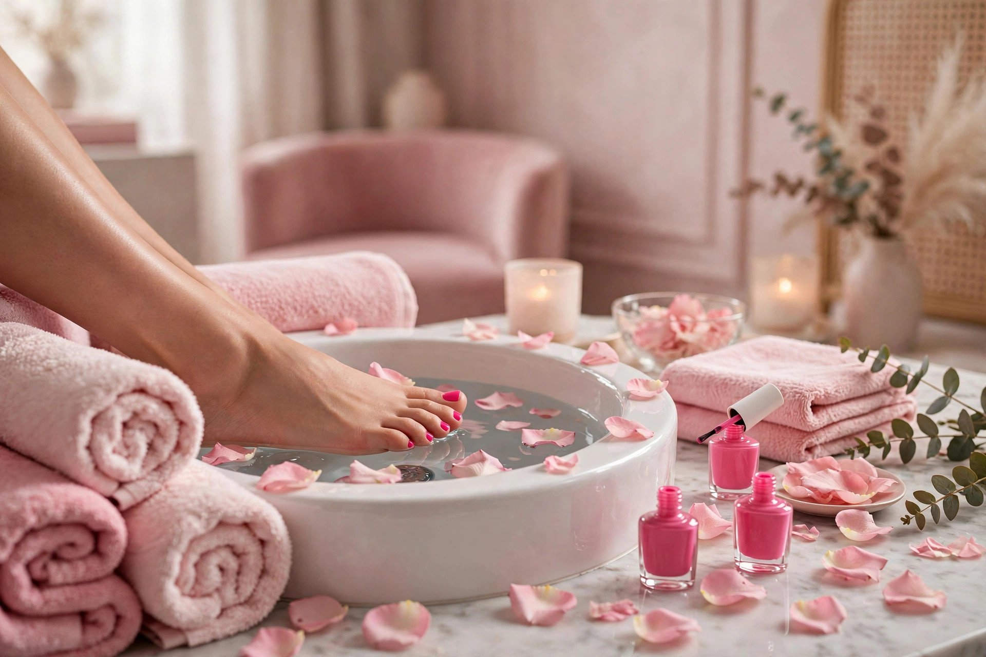 Spa pedicure with pink polish and rose petals